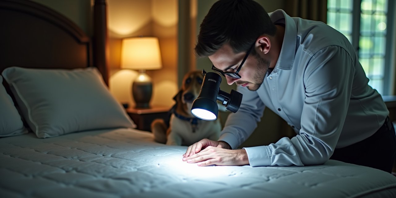 Close-up of mattress seam showing bed bug fecal spotting, shed exoskeletons, and a live bed bug — the three primary physical indicators of an active infestation