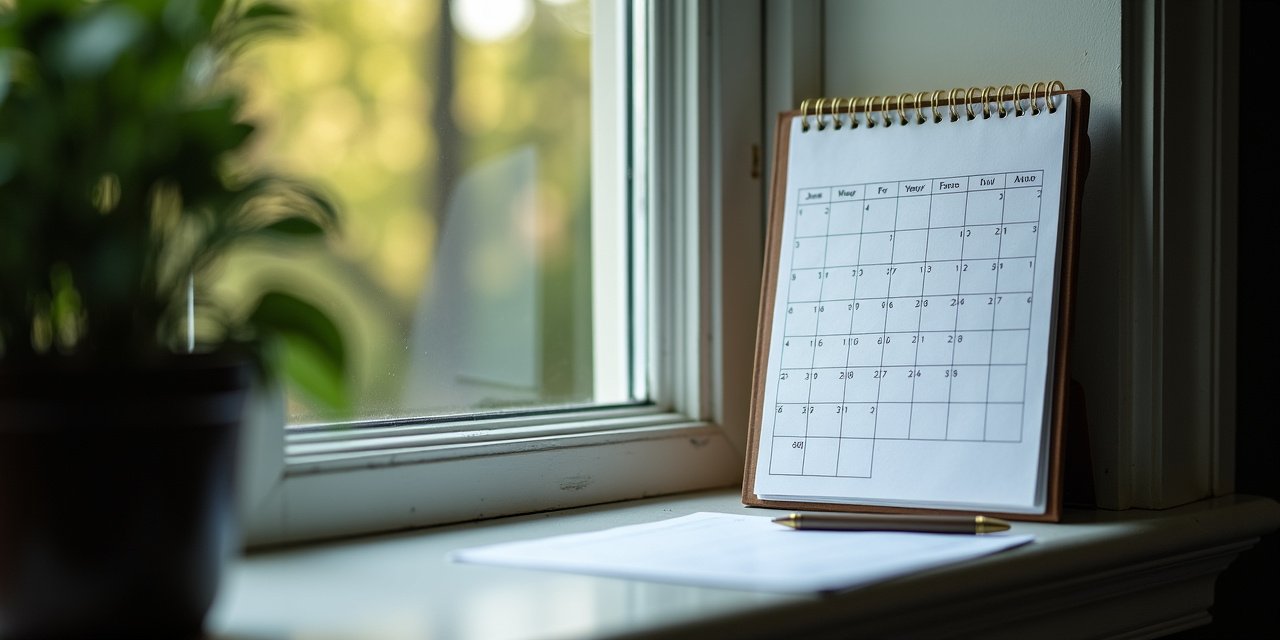 A wall calendar with a pen resting on it beside a window overlooking a Westchester backyard in early spring
