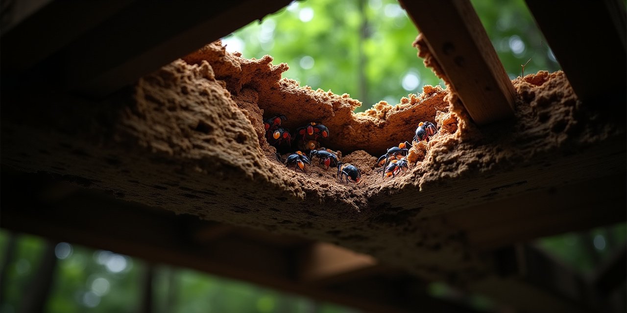 Exposed carpenter ant gallery in a moisture-damaged door frame showing smooth clean tunnels and frass accumulation below the entry hole