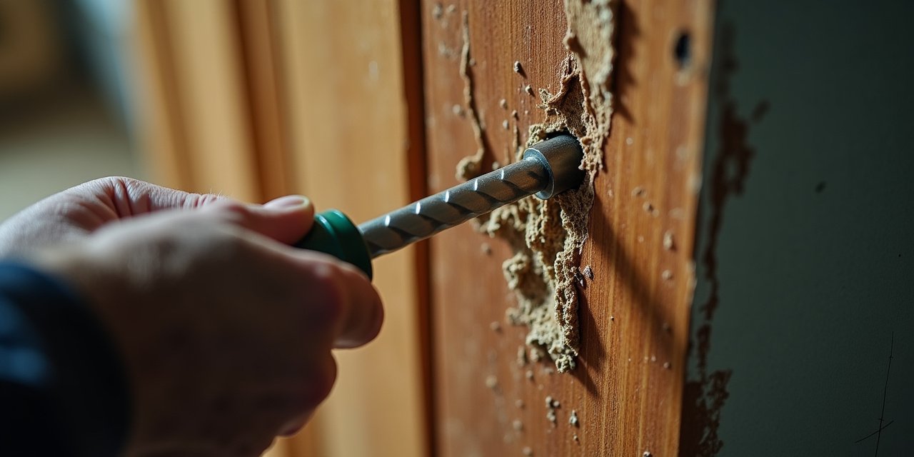 Carpenter ant frass pile below a basement rim joist entry hole, with probe screwdriver showing soft wood — a typical discovery during professional inspection in Westchester
