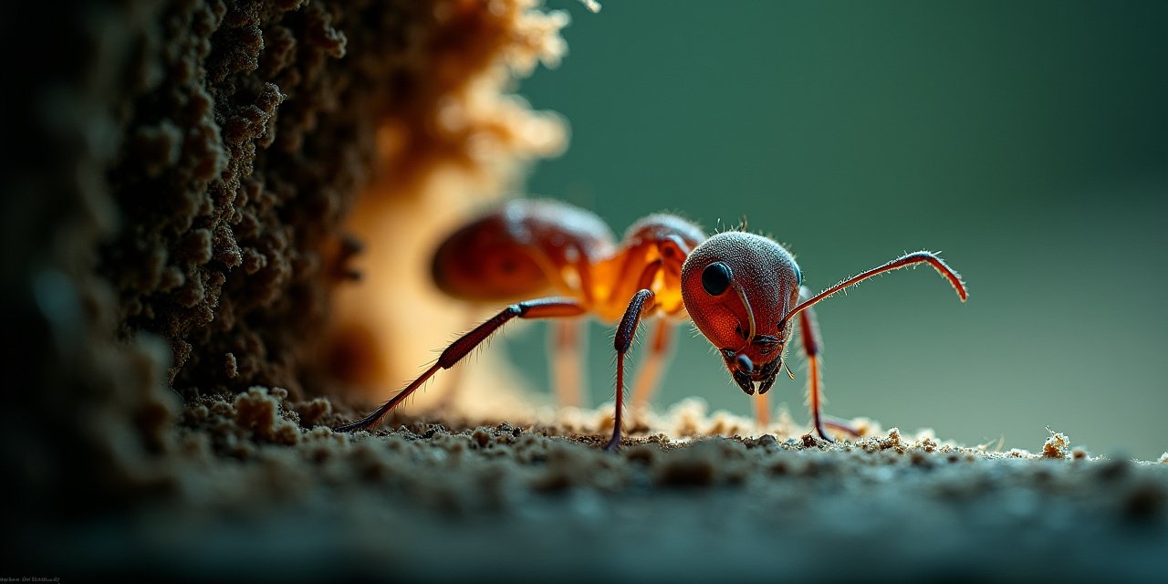Close-up of carpenter ant excavation damage and sawdust-like frass at a moisture-damaged wall void, lit by a flashlight beam