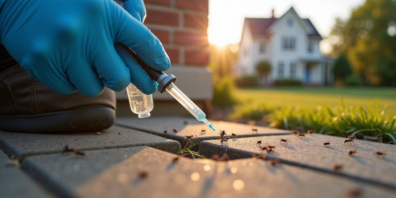 Technician applying gel ant bait into a foundation crack, targeting the colony instead of visible workers