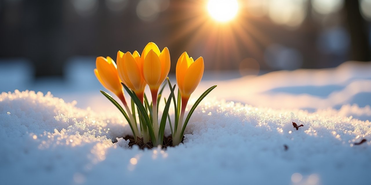 Crocus flowers blooming through thin patchy snow near a home foundation in early spring