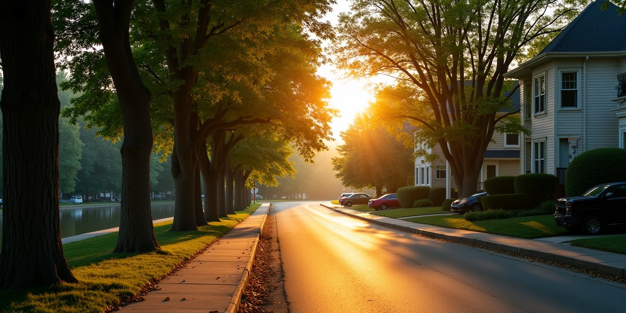 New Rochelle waterfront-adjacent residential street near Long Island Sound, golden hour light on tree-lined homes