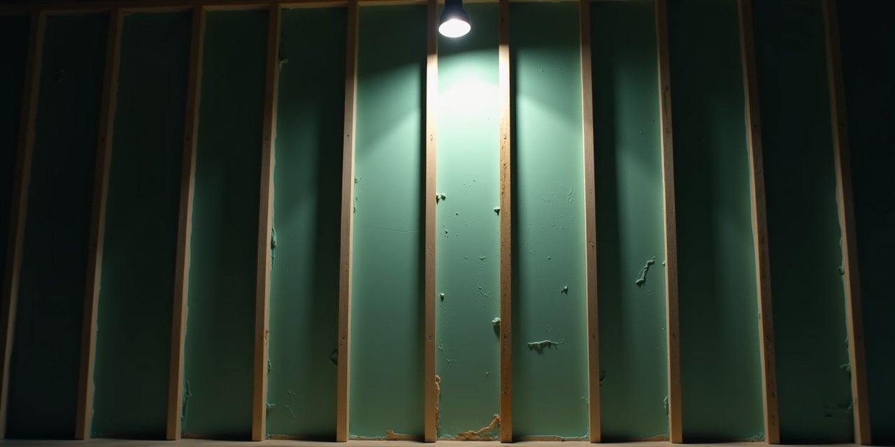 Interior wall stud exposed during renovation, lit by a single work light, illustrating hidden colony risk