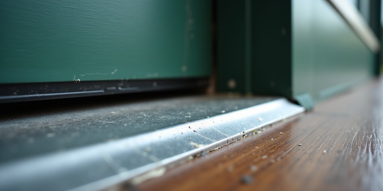 Steel door sweep installed on an exterior door next to a caulked foundation crack at a home's entry point