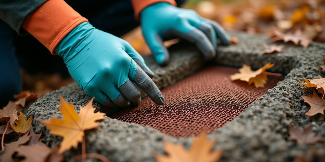 Gloved hands pressing copper mesh into a small gap around a foundation vent with autumn leaves nearby