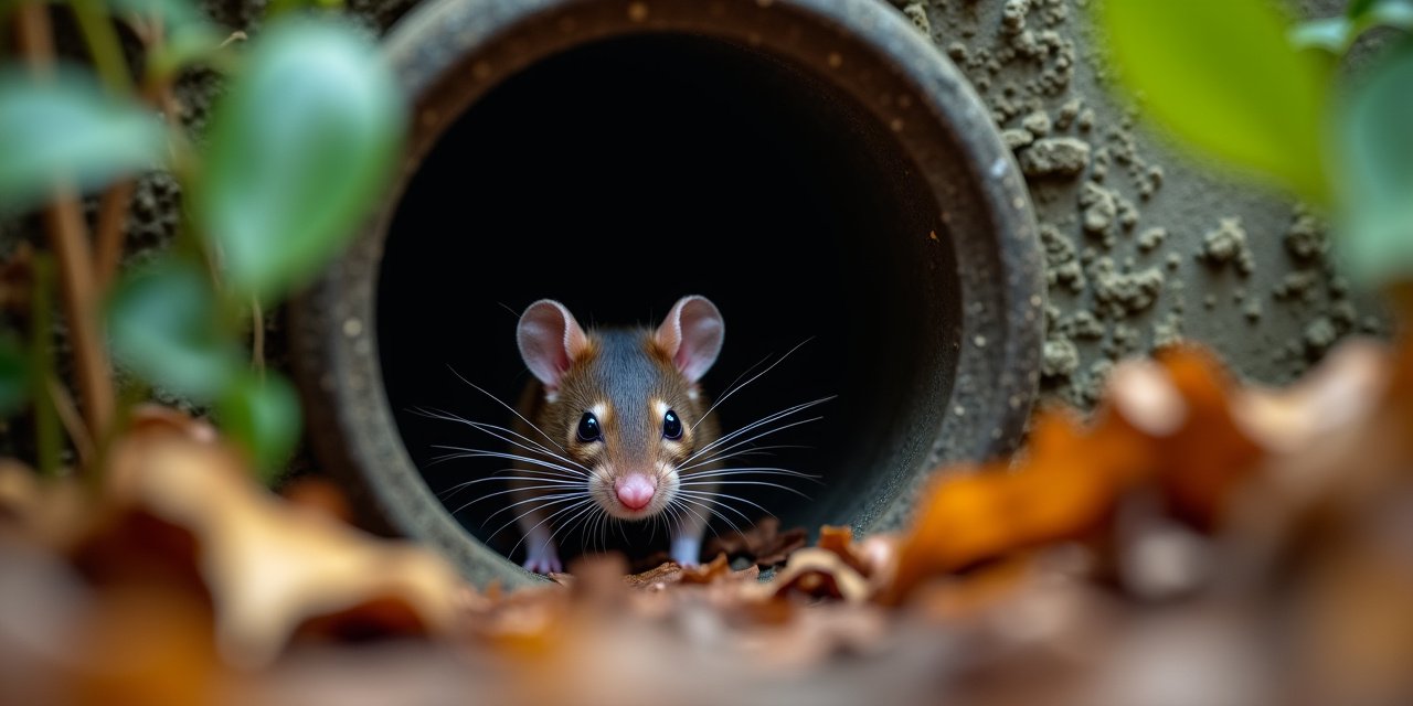 Mouse entering a gap in a Westchester home foundation during fall rodent invasion season