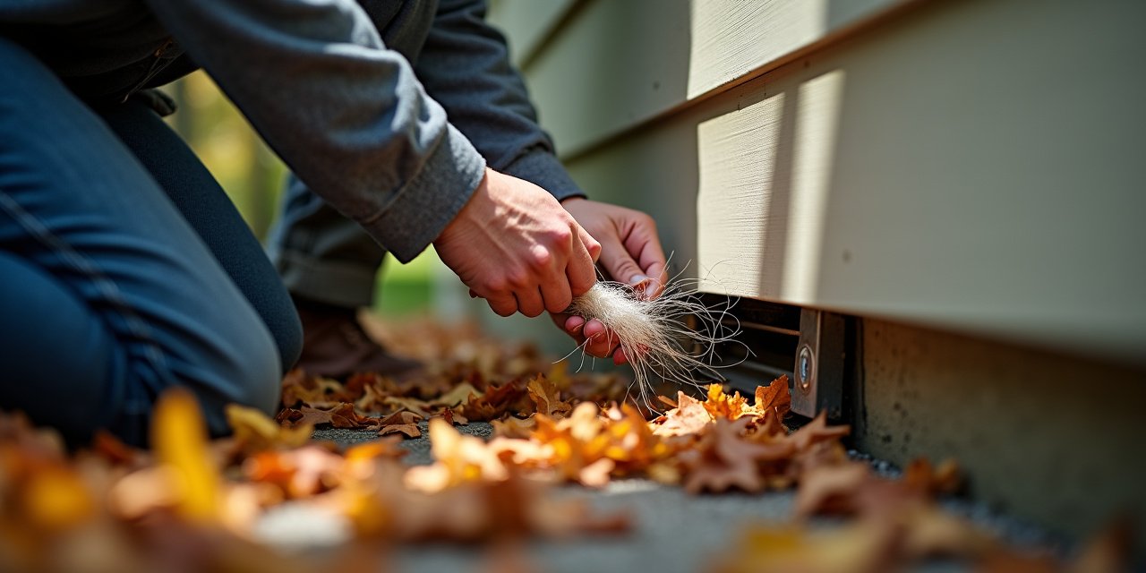 Technician sealing foundation gap with steel wool and caulk to prevent rodent entry in Westchester home