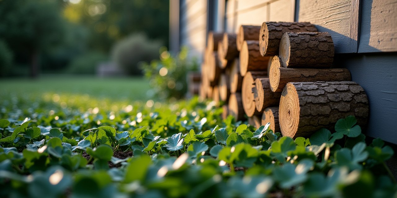 Dense ivy groundcover and a stacked woodpile touching a home's exterior siding, a common harborage site on a Westchester property
