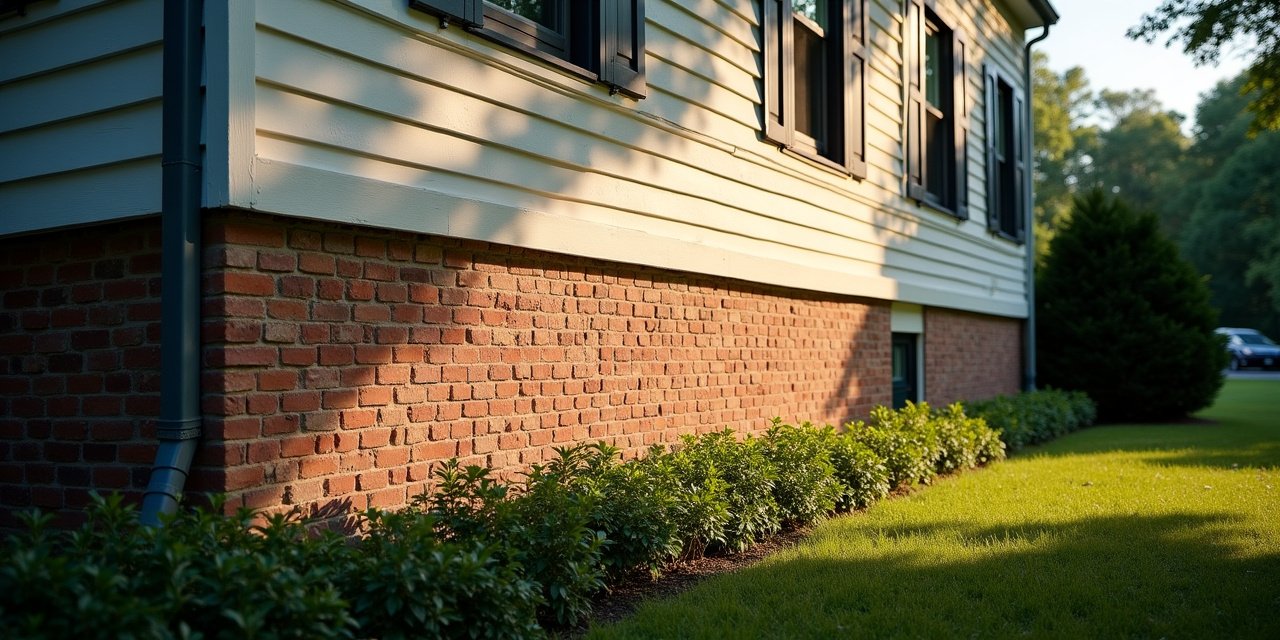 Exterior foundation wall of a Westchester colonial home lit by late-afternoon sun raking across brick, the kind of surface where mud tubes give away termite activity