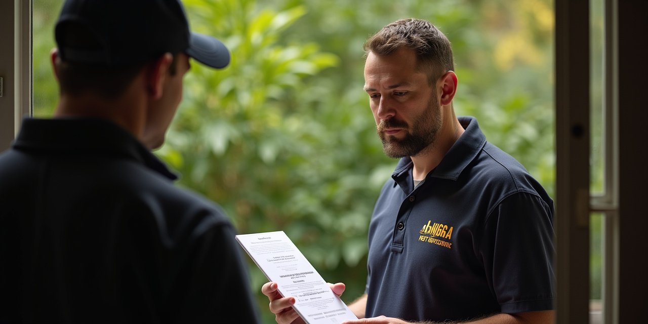 Close-up of a written pest control service agreement showing product name, visit schedule, and guarantee terms — the elements of a complete professional quote