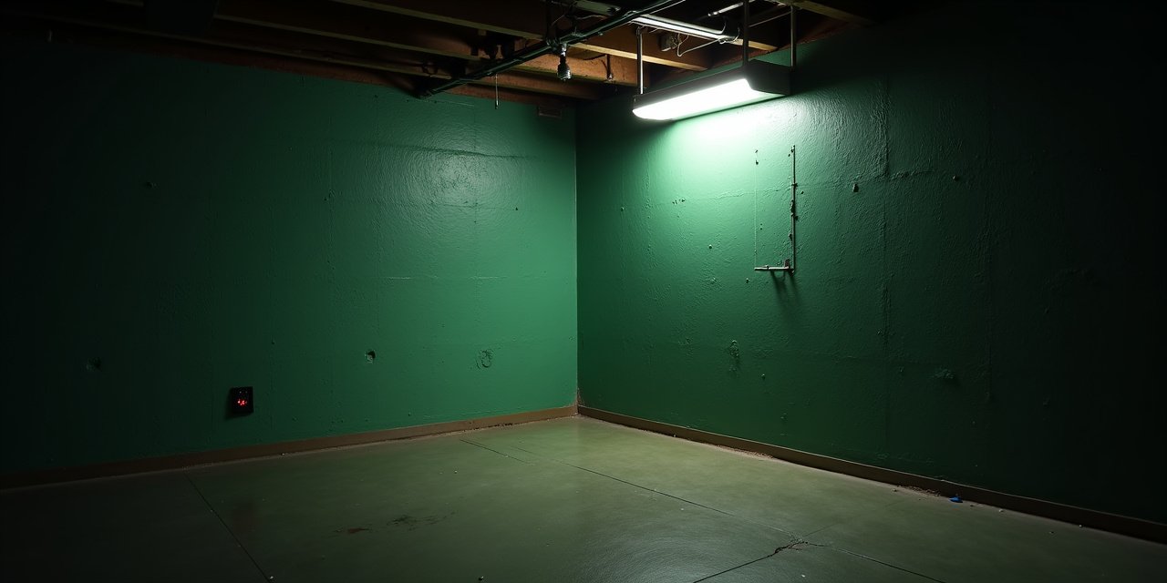 A suburban Westchester basement corner lit by a single work lamp, the kind of dim space where early rodent signs go unnoticed