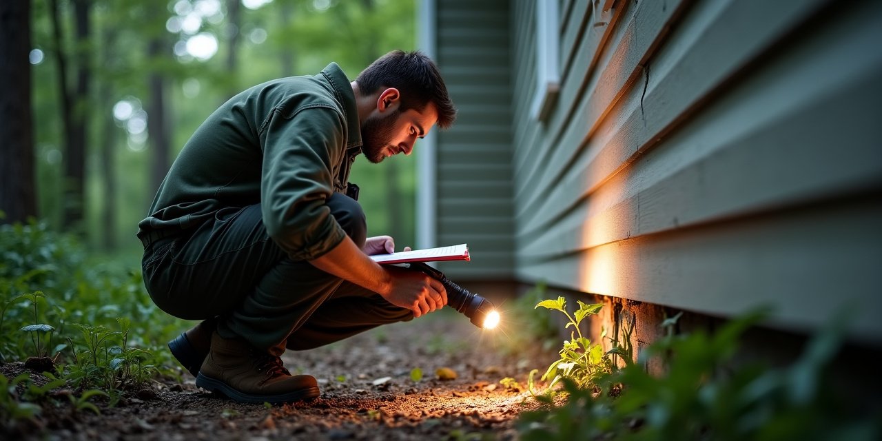 Pest control technician crouched at a home foundation with a flashlight, inspecting for entry points as part of an IPM inspection