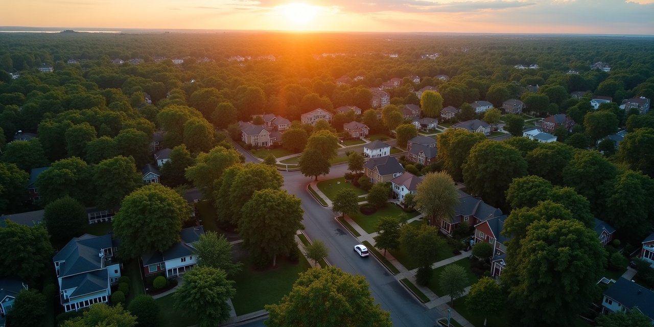 Aerial view of a suburban Westchester neighborhood with tree canopy and lawns in golden hour light