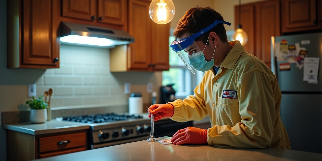 A pest control professional reviewing NYS DEC license paperwork at a desk with a laptop showing the license lookup portal