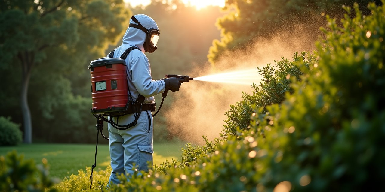 Technician applying barrier spray to dense shrub beds along a Westchester backyard fence line