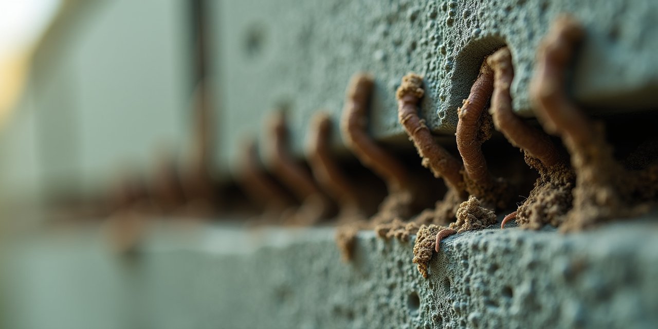 Close-up of pencil-width earthen termite mud tubes running vertically up a concrete foundation wall