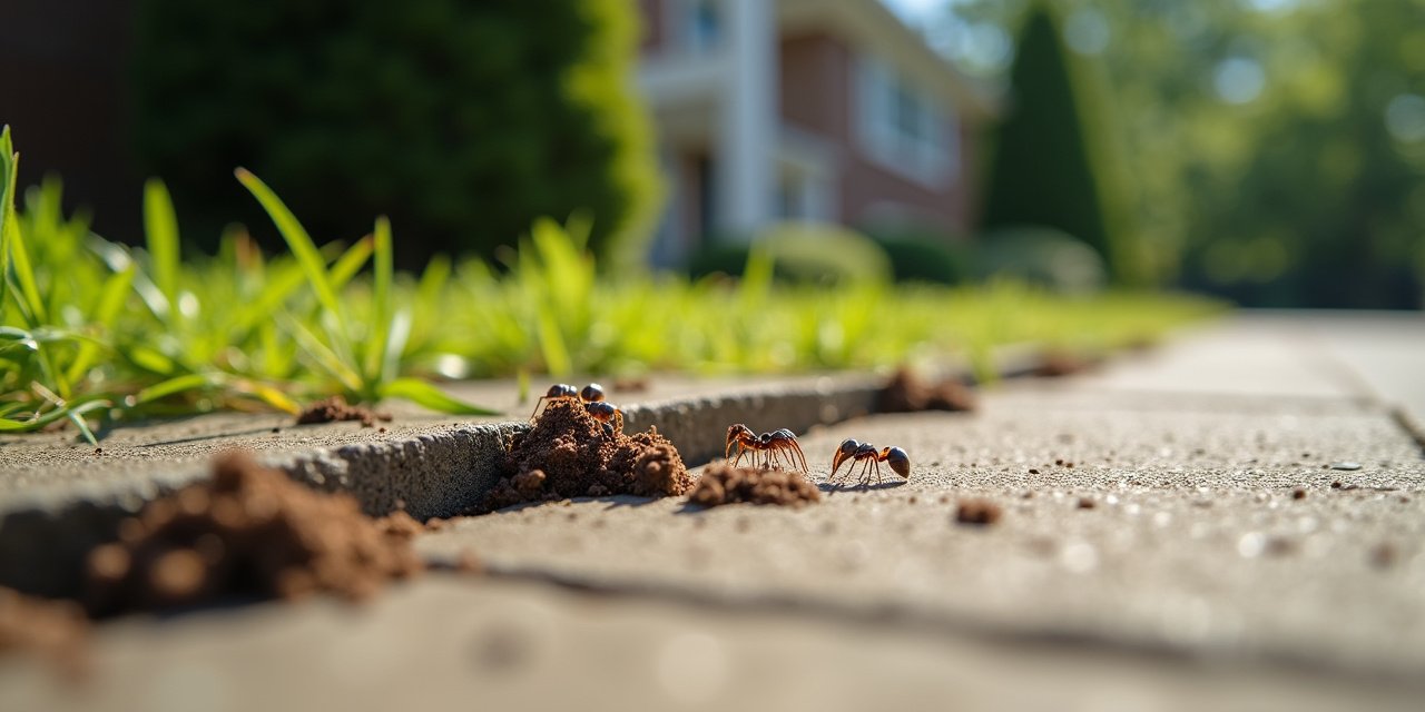 Pavement ants trailing along a concrete foundation crack in a Scarsdale home