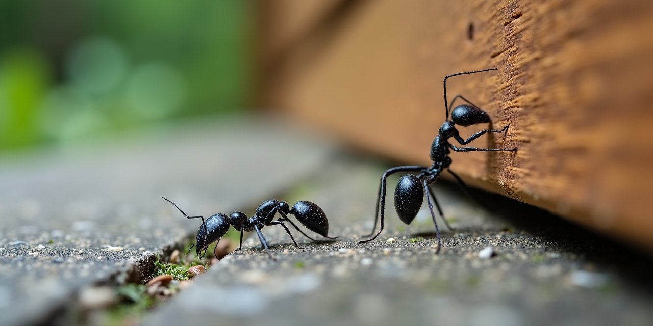 Small dark pavement ants in a driveway crack next to a large black carpenter ant on wood siding, size comparison