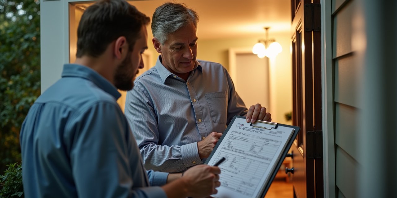 Pest control technician reviewing service invoice with Westchester County homeowner at front door