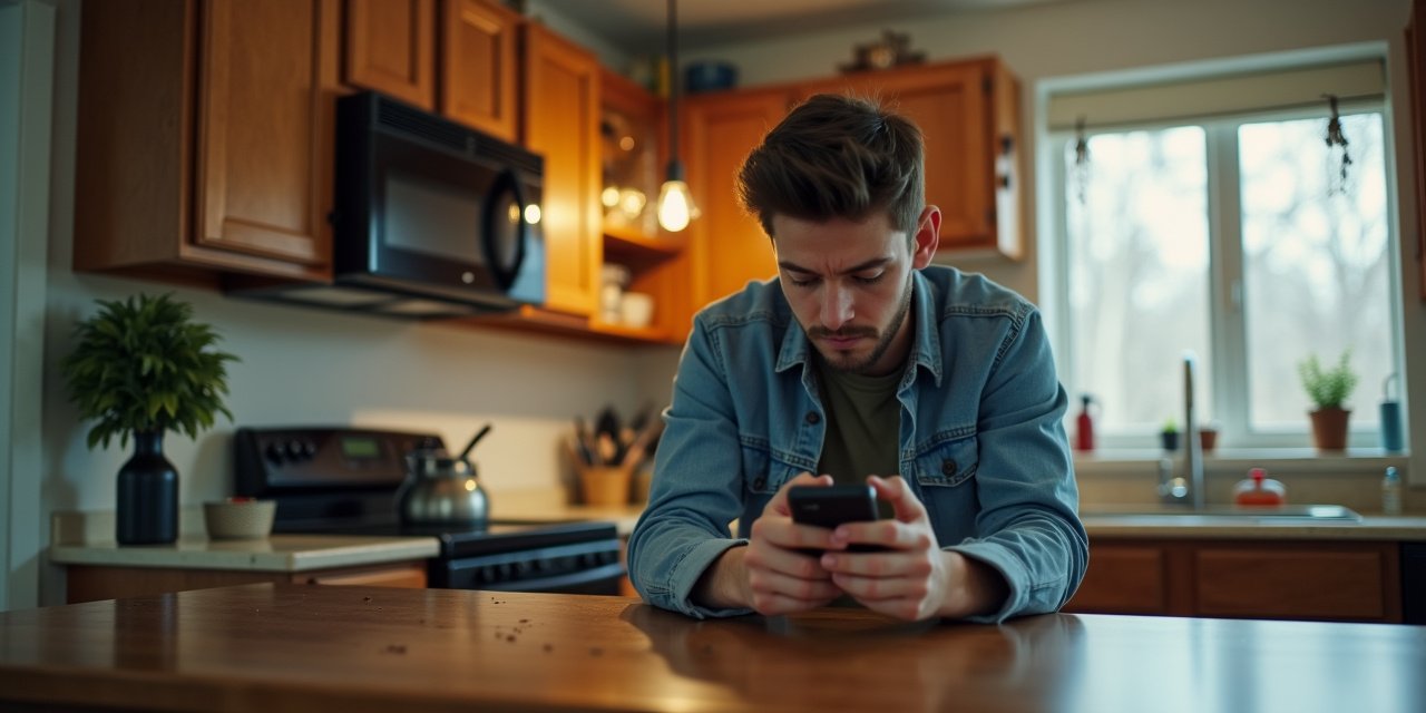 A renter in a Scarsdale apartment reviewing a written pest complaint notice at a kitchen table, with a cockroach visible near a baseboard