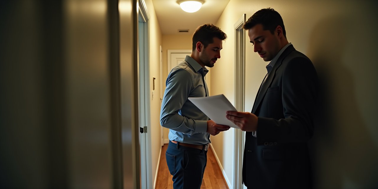 A Westchester County Health Department inspector documenting pest evidence in a rental apartment kitchen, clipboard in hand