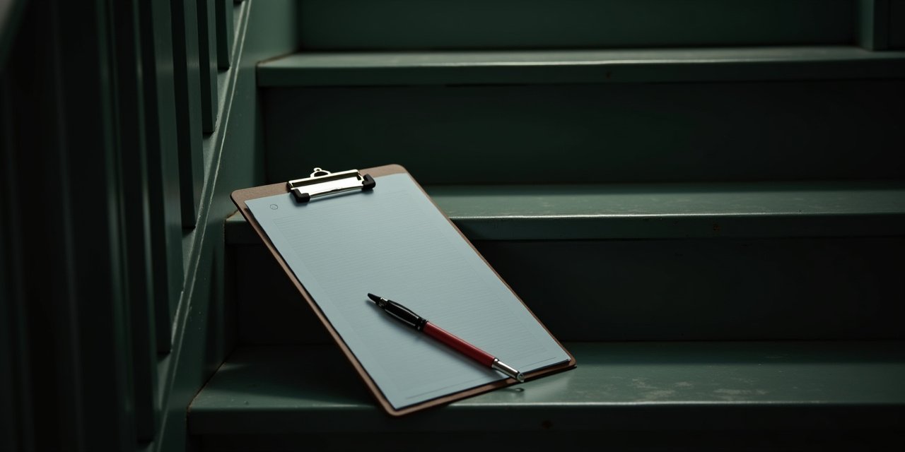 Technician's clipboard and inspection tools on a porch step, lit by porch light