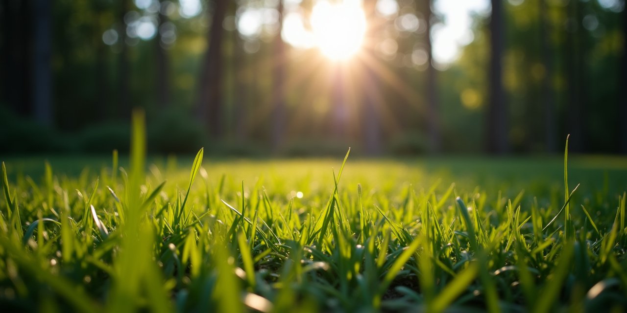 Backyard lawn edge against a wooded property line in late-afternoon sun, the transition zone where ticks quest for hosts