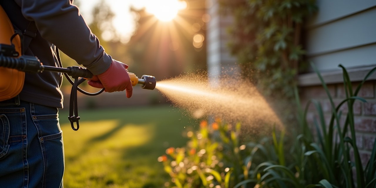 Pest control technician's pump sprayer applying a residual mist along a home's foundation perimeter in late afternoon light