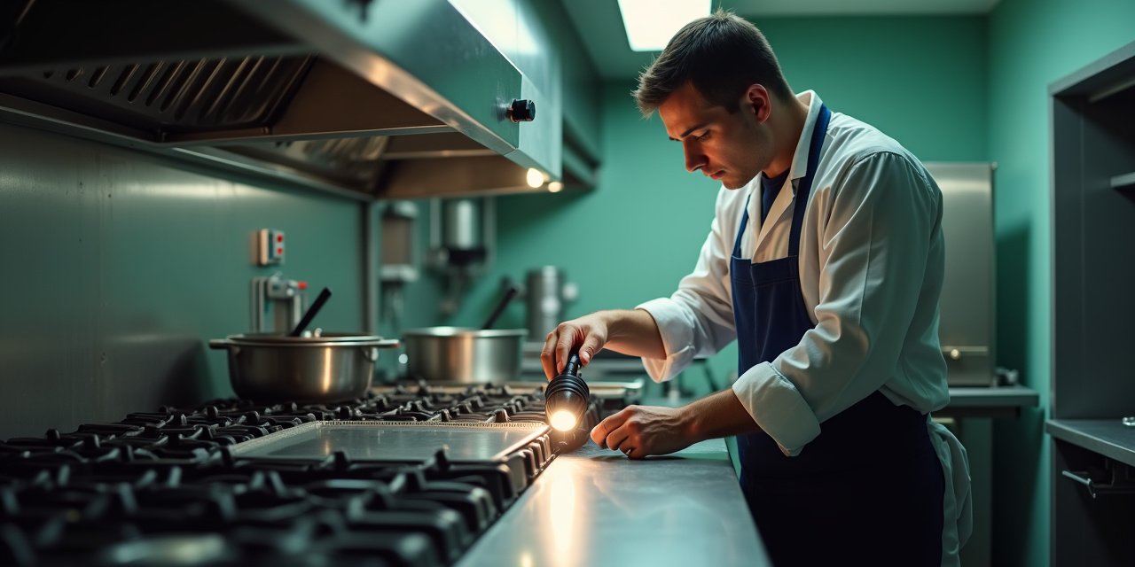 A Westchester County health inspector examining the underside of a commercial kitchen prep table for signs of cockroach activity in a Scarsdale restaurant