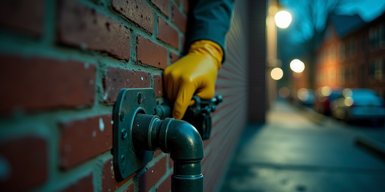 Gloved hand sealing a gap around a utility pipe entry point at the foundation of a multi-family brick building in White Plains at dusk
