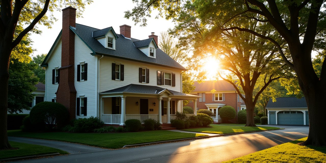 Older colonial-style home exterior in White Plains, NY at golden hour, the kind of aging housing stock that needs rodent exclusion before fall