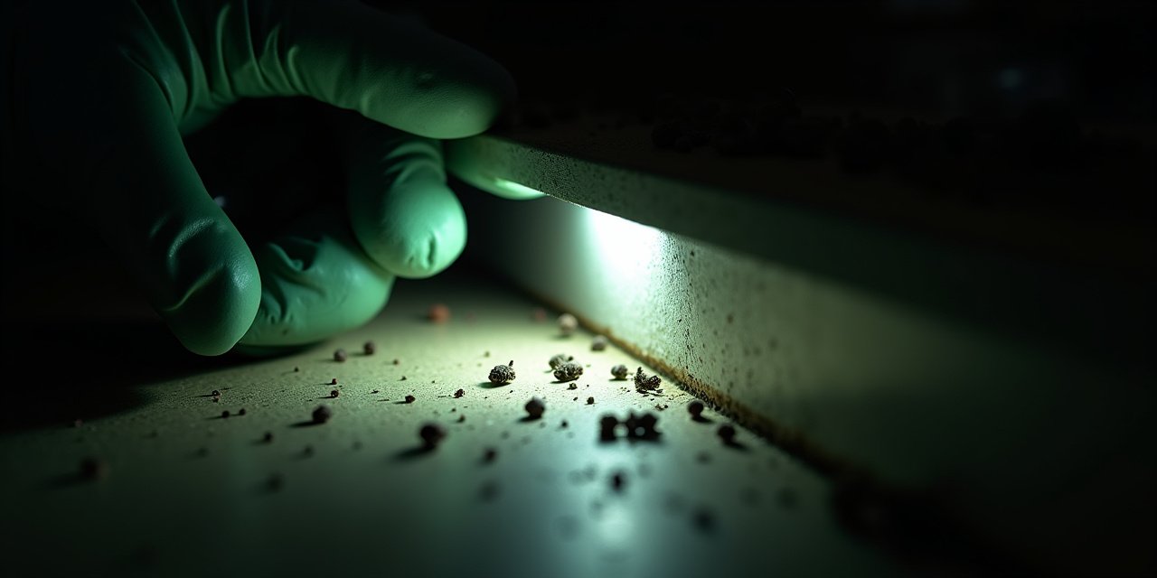 Flashlight beam illuminating small rodent droppings along a basement sill plate corner