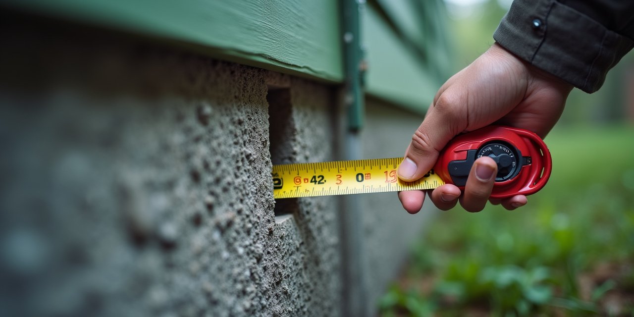 Exterior foundation gap being measured with a tape measure, overcast daylight