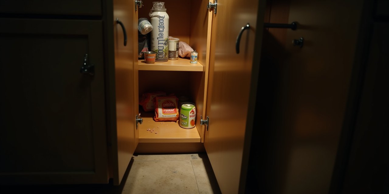 Close-up of rodent droppings found along a cabinet baseboard in a Westchester home kitchen