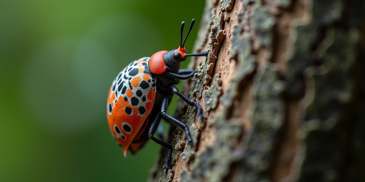 A spotted lanternfly resting on Tree of Heaven bark with a small parasitic wasp nearby