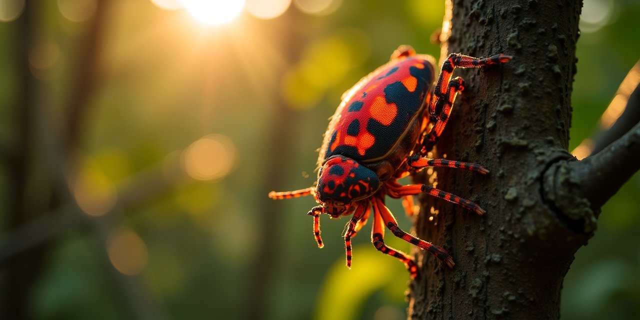 Adult spotted lanternfly with wings spread showing red hindwings, resting on a tree trunk in Westchester County