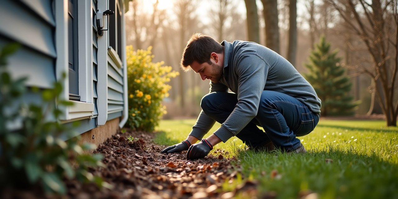 Homeowner inspecting foundation exterior of a Westchester home in early spring for pest entry points