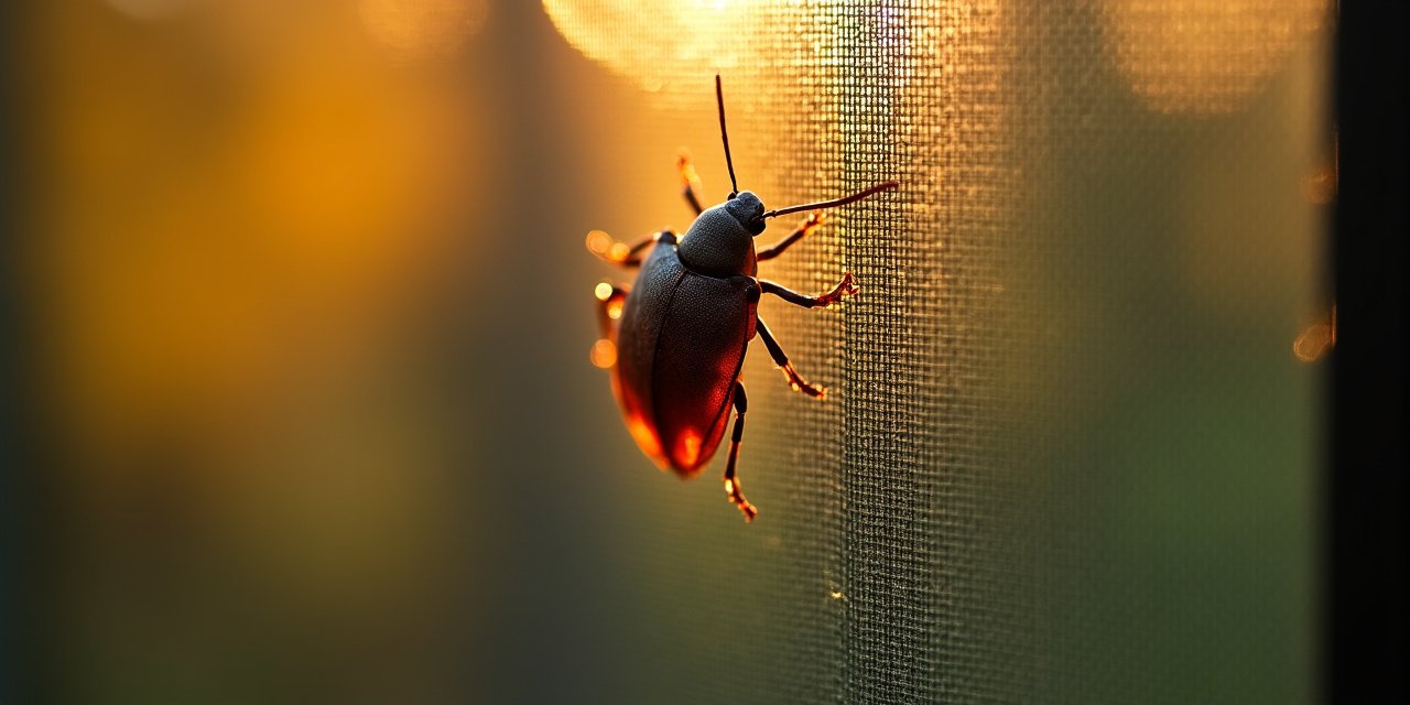 Brown marmorated stink bug on a window screen of a Westchester home during fall invasion season