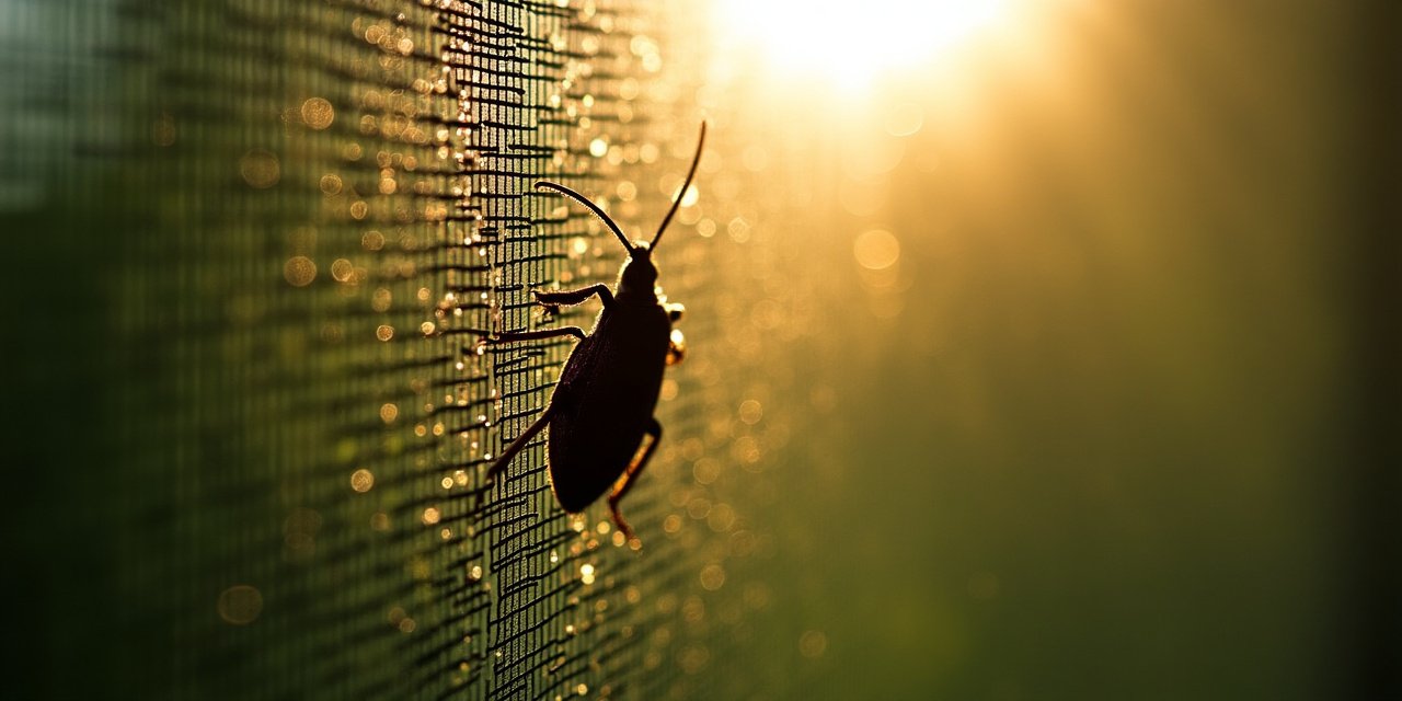 Stink bug silhouette on a sunlit window screen, late-summer afternoon light