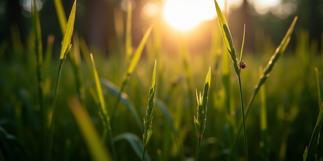 Macro view of tall grass at a forest edge lit by dawn backlight, illustrating the low vegetation where tick nymphs quest for a host in Westchester County