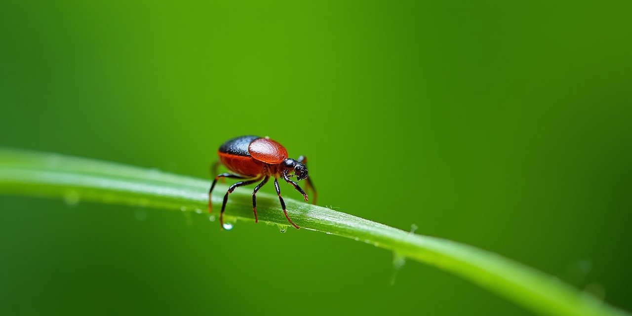 Extreme macro photo of a poppy-seed sized deer tick nymph on a blade of grass at a wooded yard edge