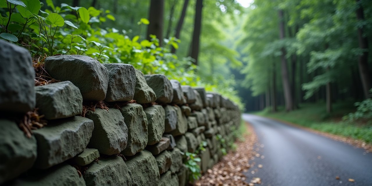 Bronxville stone wall property line with wooded edge, overcast daylight