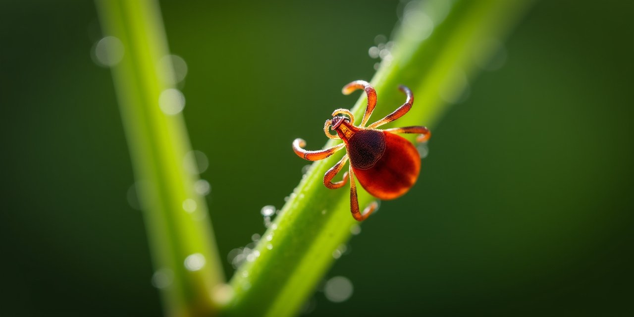 Extreme macro close-up of a deer tick on a grass blade in Westchester County woodland