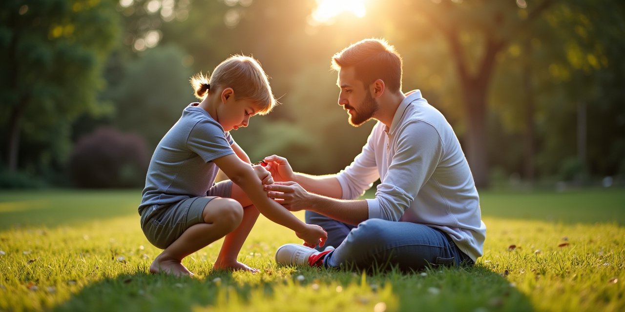 Parent carefully checking young child's leg for ticks after outdoor play in a Westchester backyard