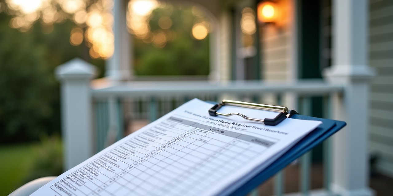 Home inspector's clipboard with a wood-destroying insect report form resting on a porch railing outside a Westchester home