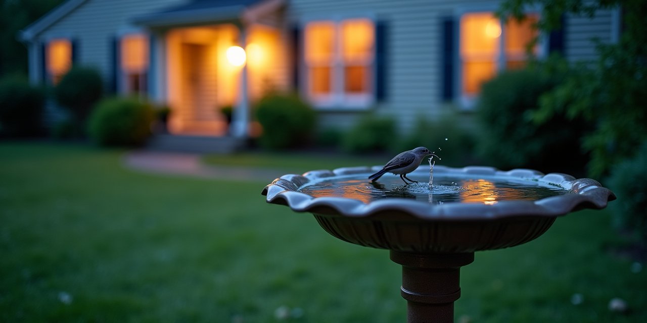 Stagnant water in a clogged gutter and birdbath at dusk with mosquitoes hovering above the surface