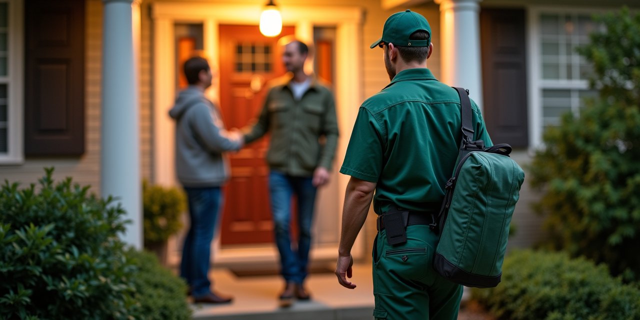 Split image: homeowner examining pest control products at a hardware store on the left, licensed pest control technician treating a home's exterior on the right