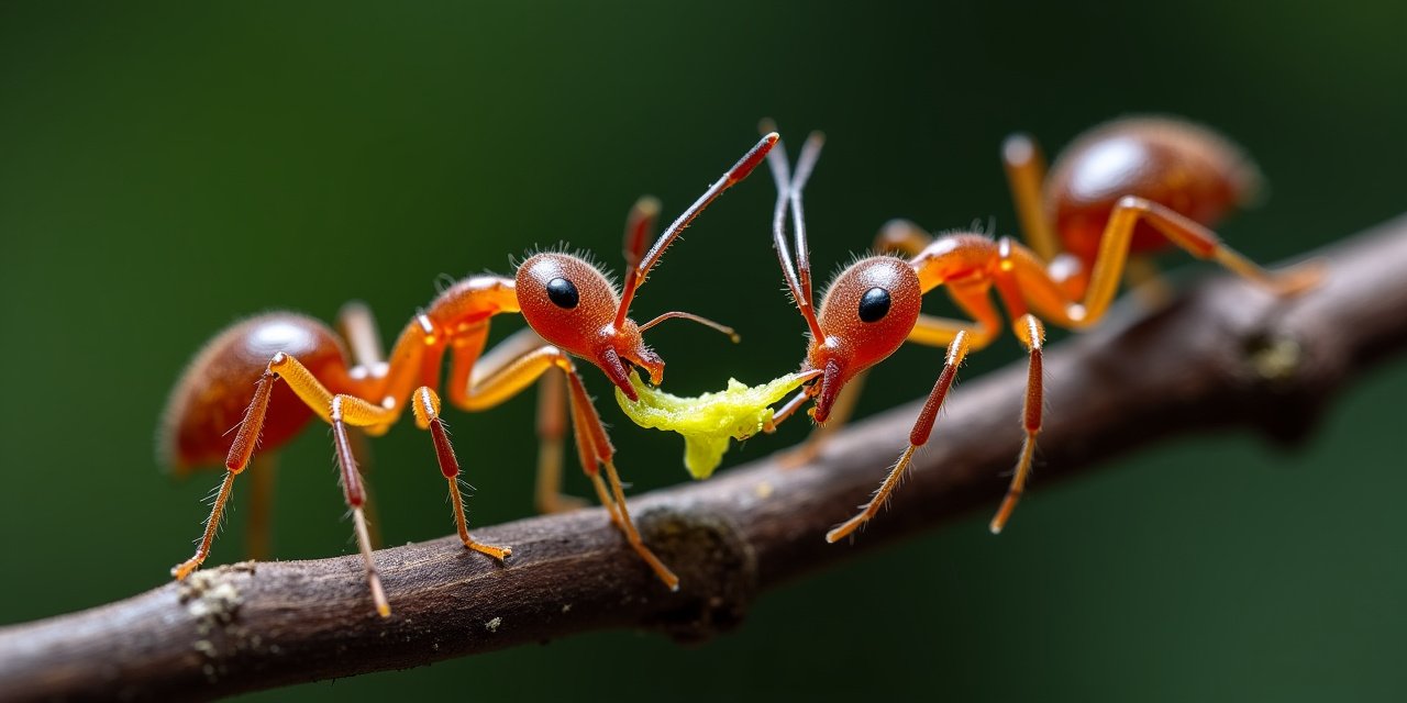 Extreme macro of two ants exchanging food mouth-to-mouth on a twig, illustrating trophallaxis, the process that spreads bait through a colony